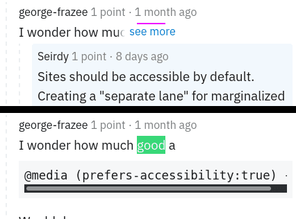 screenshots before/after clicking a "see more" link obscuring a search match.