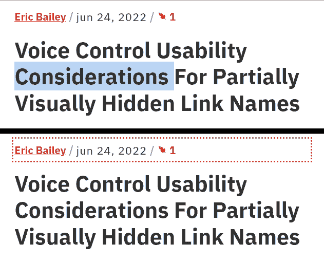 Two screenshots of an article byline above a title. First, the title has selected text; then, the byline is focused.