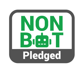 Rectangular badge reading “Non-bot pledged”.